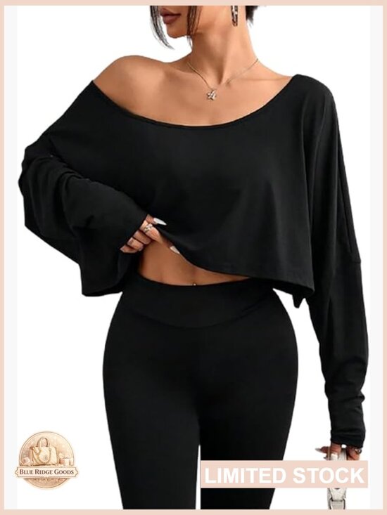 Tops - Womens Boat Neck Crop Top Long Sleeve Oversized Tee Loose Fit Sexy Off Shoulder